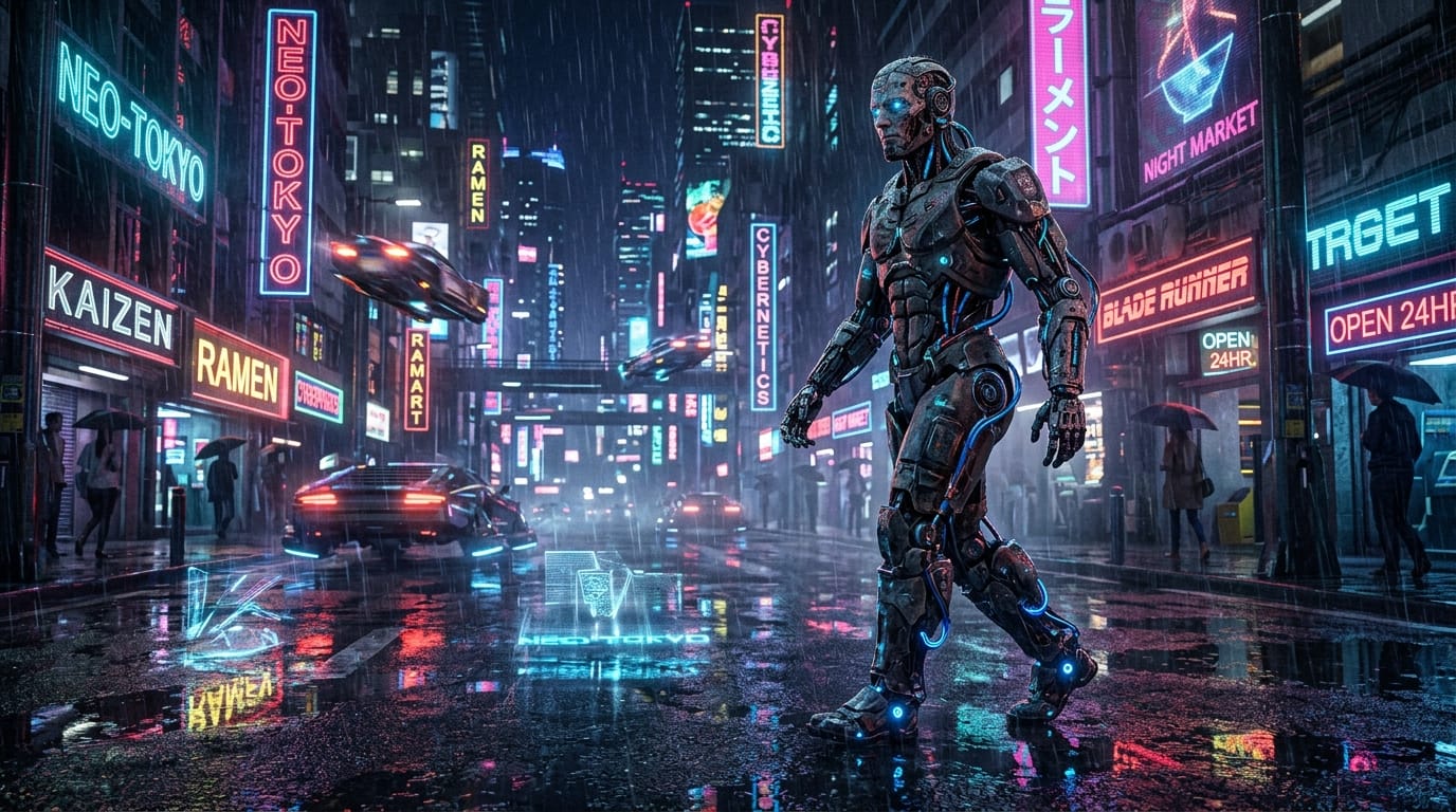 A cinematic tracking shot of a futuristic cyborg walking through a neon-lit cyberpunk street, raining, reflections on wet asphalt, highly detailed mechanical parts, glowing blue eyes, cinematic lighting, 8k resolution.