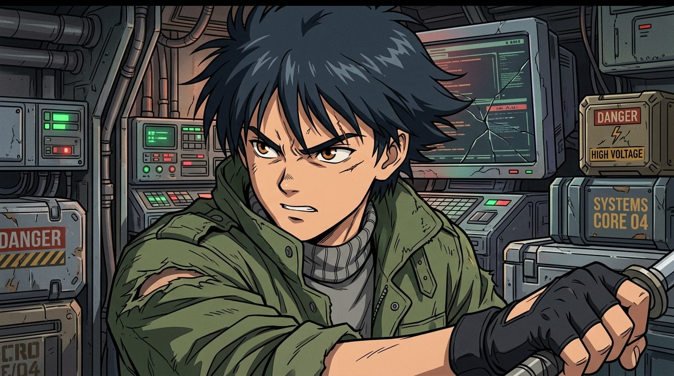 Close up portrait of an anime boy with sharp eyes, dynamic expression, cel shaded, flat colors, 90s anime aesthetic, detailed background props, emotional depth --niji 7 --ar 16:9