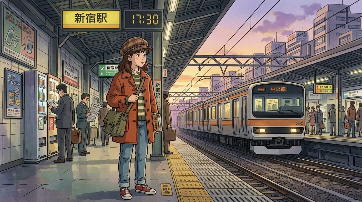 A young girl standing at a train station at sunset, retro 90s anime style, cel shading, flat colors, clear linework, nostalgic atmosphere, highly detailed background, 2D animation aesthetic --niji 7 --ar 16:9