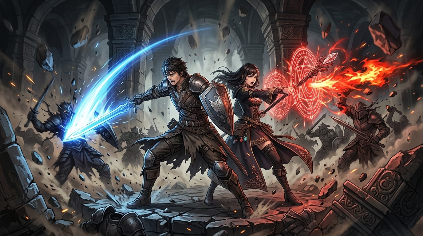崩れ落ちる古代遺跡の中で、背中合わせで敵を迎え撃つ剣士と魔法使い、緊迫した表情、剣から放たれる青い光と魔法陣の赤い光のコントラスト、近年の人気作品に見られる繊細な画風、ダイナミックなアクション構図
