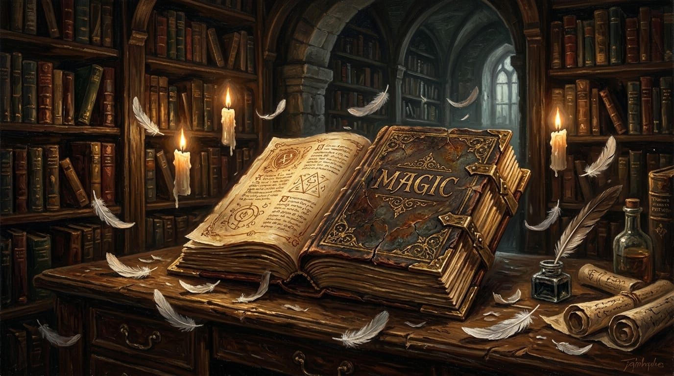 古い図書館の机の上に置かれた分厚い魔法書、本の表紙には黄金の文字で「MAGIC」と刻まれている、周囲には宙に浮くキャンドルと舞い散る羽、ダークファンタジーの雰囲気、油彩画風の重厚なタッチ