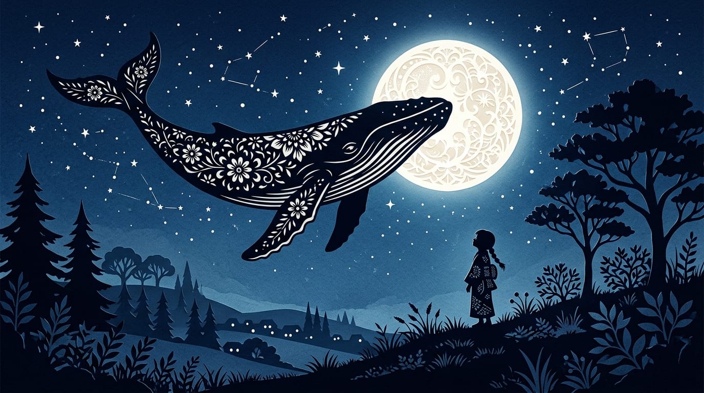 満月の夜に空を飛ぶクジラとそれを見上げる少女、切り絵風のアートスタイル、シルエットの強調、ミニマルな色彩、絵本や詩集の挿絵に向けた幻想的で静かな雰囲気