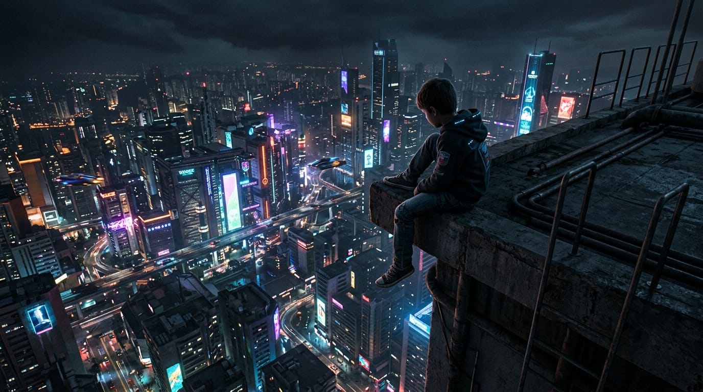 高層ビルの屋上の縁に座り、眼下の巨大都市を見下ろす孤独な少年、極端な俯瞰アングル、足元に広がる光の海、サイバーパンクスタイル、孤独感と広がりを感じさせる構図、コンセプトアート