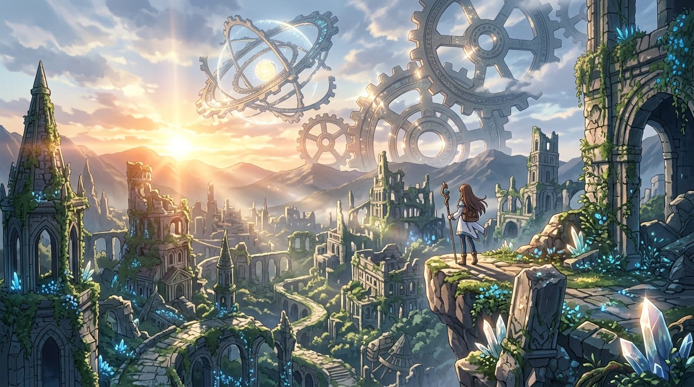 近年の人気作品に見られる繊細な画風、現実とファンタジー表現の境界にある廃墟の街、空に浮かぶ巨大な歯車、ゆっくりとしたカメラのパン、差し込む朝日、エッジがクリアな光の反射