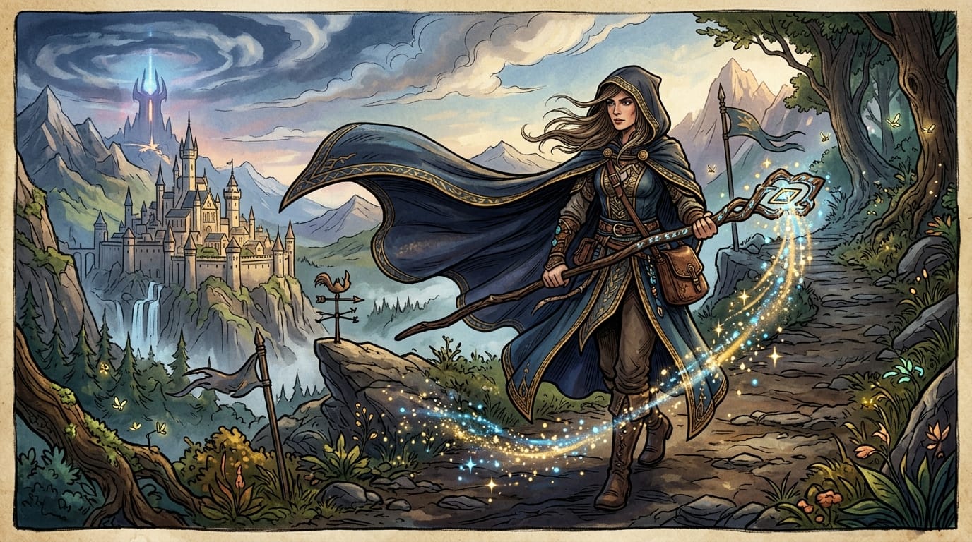 手描き感のあるリッチな画風、ファンタジー世界を歩く魔法使いのキャラクター、マントが風で大きく揺れる、杖の先端から光の粒子がこぼれ落ちる、滑らかな歩行モーション、背景の小道具がゆっくりと動く