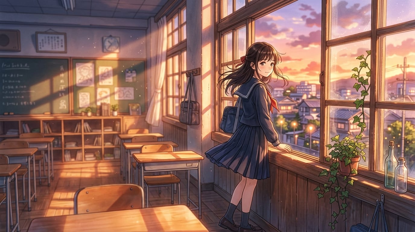 繊細で緻密なアニメ調表現、夕暮れの教室、窓際で振り返る制服姿の少女、風で髪とスカートが優しく揺れる、映画のようなライティング、被写界深度（ボケ量）を活かしたシネマティックな演出、高解像度、滑らかなモーション