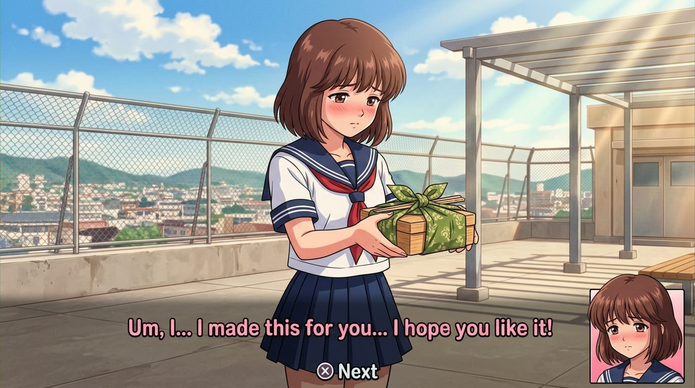 1990s dating sim game CG, a shy girl with short brown hair offering a homemade bento box, school rooftop at lunch time, bright sunny day, warm color palette, vintage anime art style, flat shading, nostalgic romance