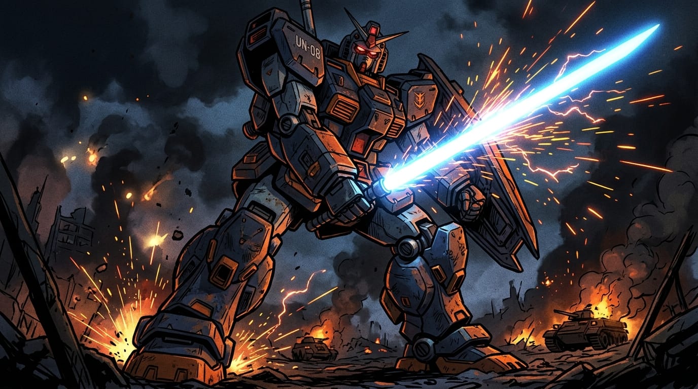 1980s classic mecha anime, a heavily armored robot holding a glowing beam sword, dynamic perspective from below, dramatic shadows, sparks flying, dark battlefield background, cel animation style, thick ink lines, strong visual impact