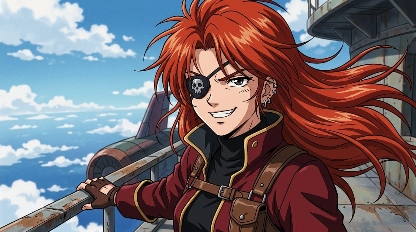 1990s anime style, close up portrait of a female space pirate, eyepatch, confident smile, wind blowing her long red hair, standing on the deck of a flying ship, blue sky and white clouds background, cel shading, retro anime aesthetic, film grain