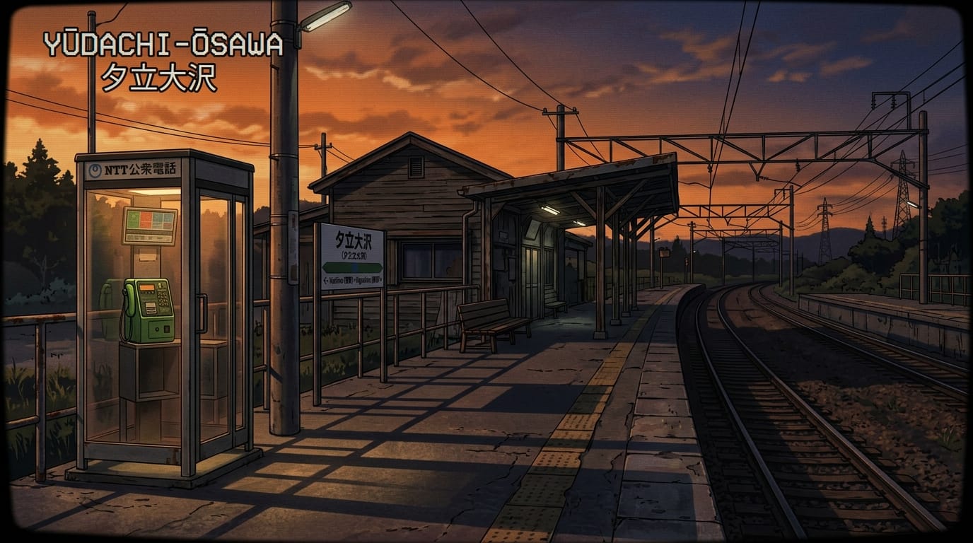 1990s retro anime screenshot, an empty Japanese train station at dusk, orange glowing sky, long shadows, an old public telephone booth, slightly eerie and nostalgic atmosphere, VHS tape quality, scanlines, muted colors