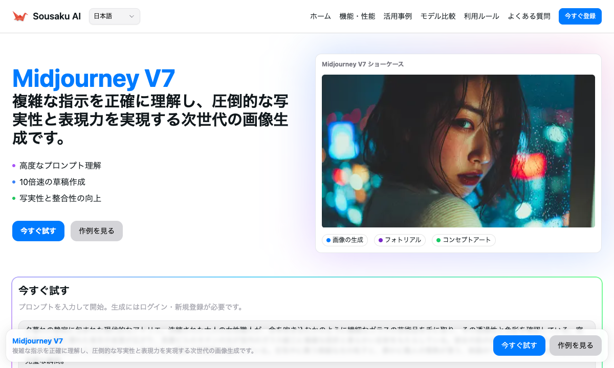 Midjourney V7 落地页截图