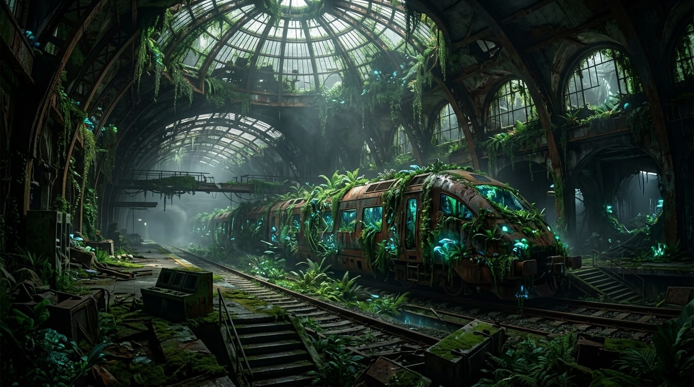 Slow panning shot, realistic ai generator, inside an abandoned futuristic train station reclaimed by nature, rusted trains covered in glowing flora, cinematic lighting, cinematic ai model, deep shadows, atmospheric mist, highly detailed environment.