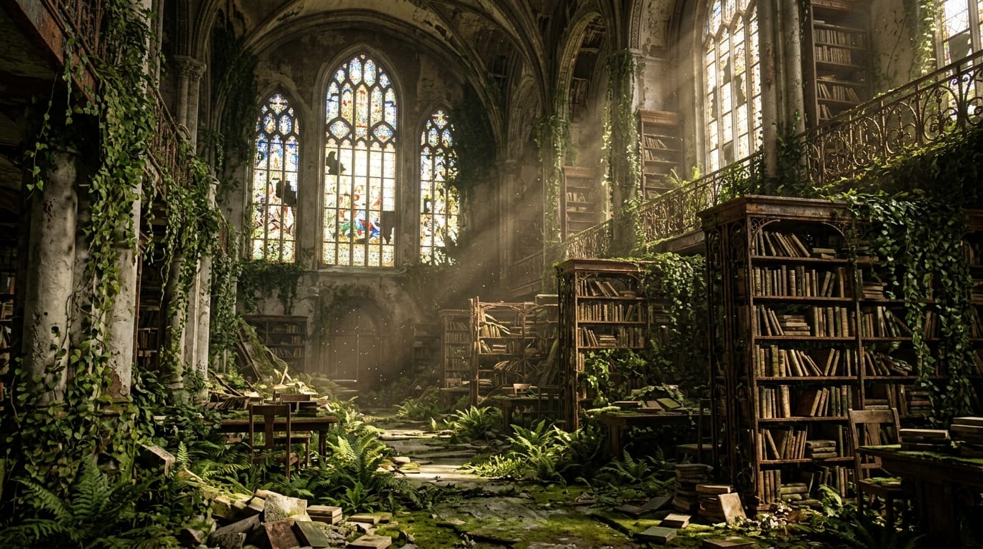 Cinematic video shot, realistic ai generator style, abandoned grand library overgrown with lush green vines and moss, sunlight streaming through broken stained glass windows, dust motes floating in the air, crumbling concrete and rusted metal bookshelves, quiet and melancholic atmosphere, highly detailed, 4k resolution.