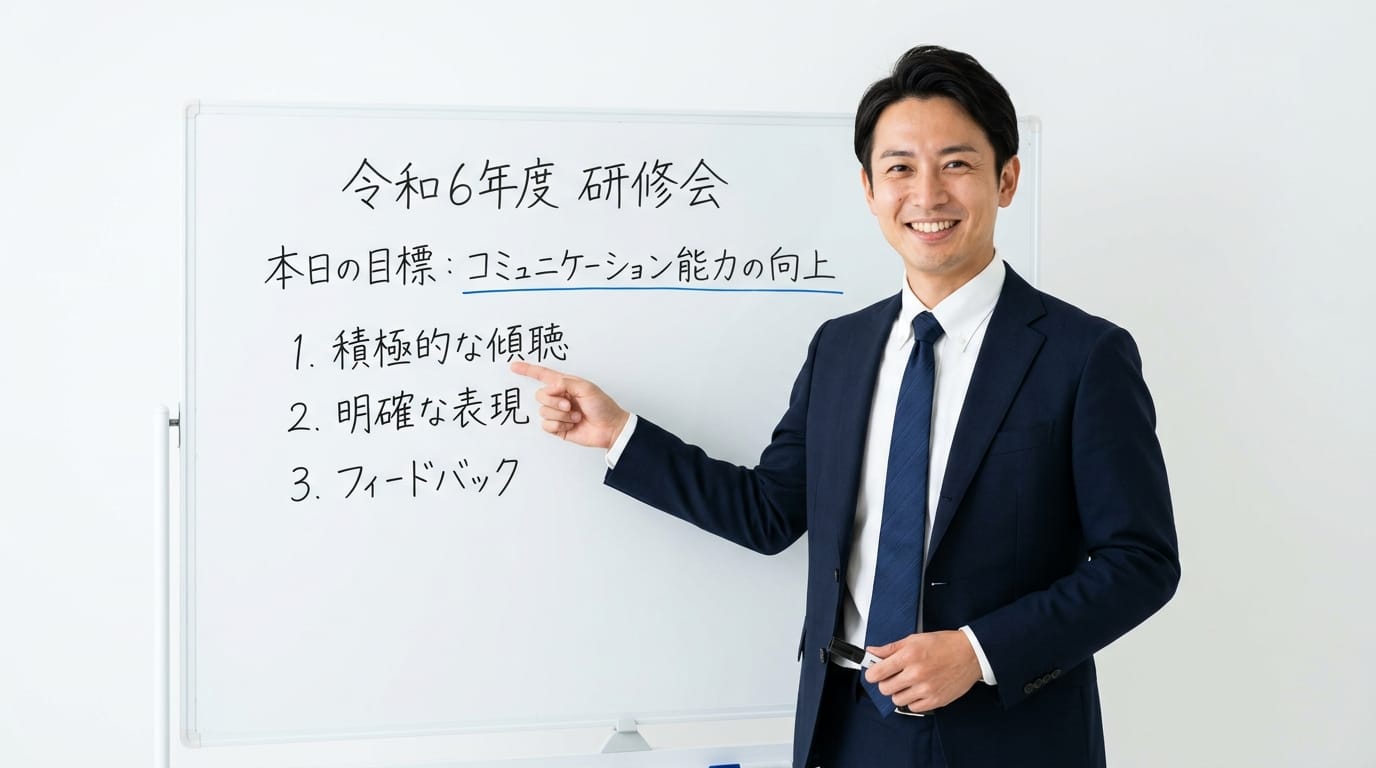 正面を向いて微笑みながらホワイトボードを指差すプロフェッショナルな男性講師、清潔感のある白いシャツとネクタイ、無地の白い背景、均一なスタジオライティング、実写的なリアルさ、クリアなエッジ、高画質