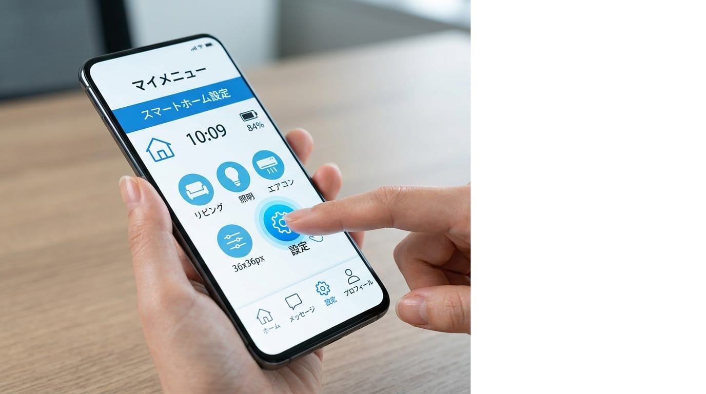シンプルでモダンなスマートフォンのUI画面を操作する指先のクローズアップ、フラットデザインのアイコン、ブルーとホワイトを基調とした清潔感のある配色、解説用テロップを配置するための右側の広い余白、均一なライティング、高品質な製品レンダリング