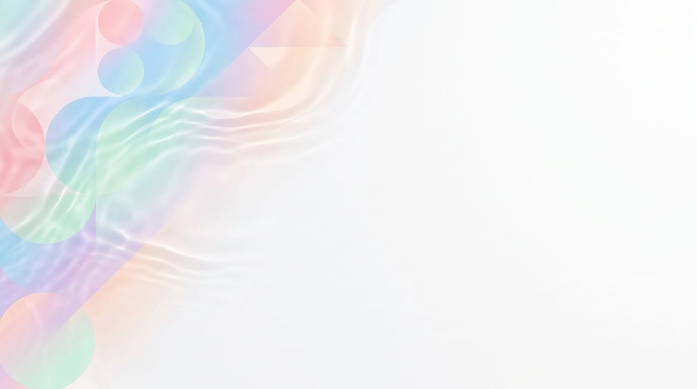 抽象的な幾何学模様と柔らかい光の波紋、パステルカラーのグラデーション、画面の大部分を占めるクリーンな余白、テキストを配置するためのフラットな空間、ミニマルデザイン、高解像度、シネマティックなライティング