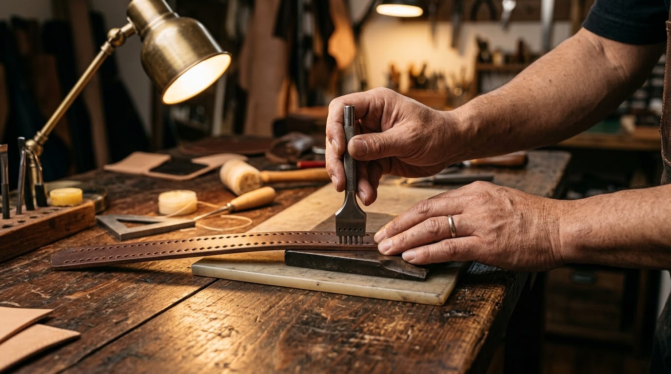 レザークラフトの作業風景、革に専用のツールで均等な穴を開けている両手のクローズアップ、正確な手の構造、アンティーク調の作業台、手元を照らすスポットライト、温かみのある色調、解説動画用のクリアな焦点