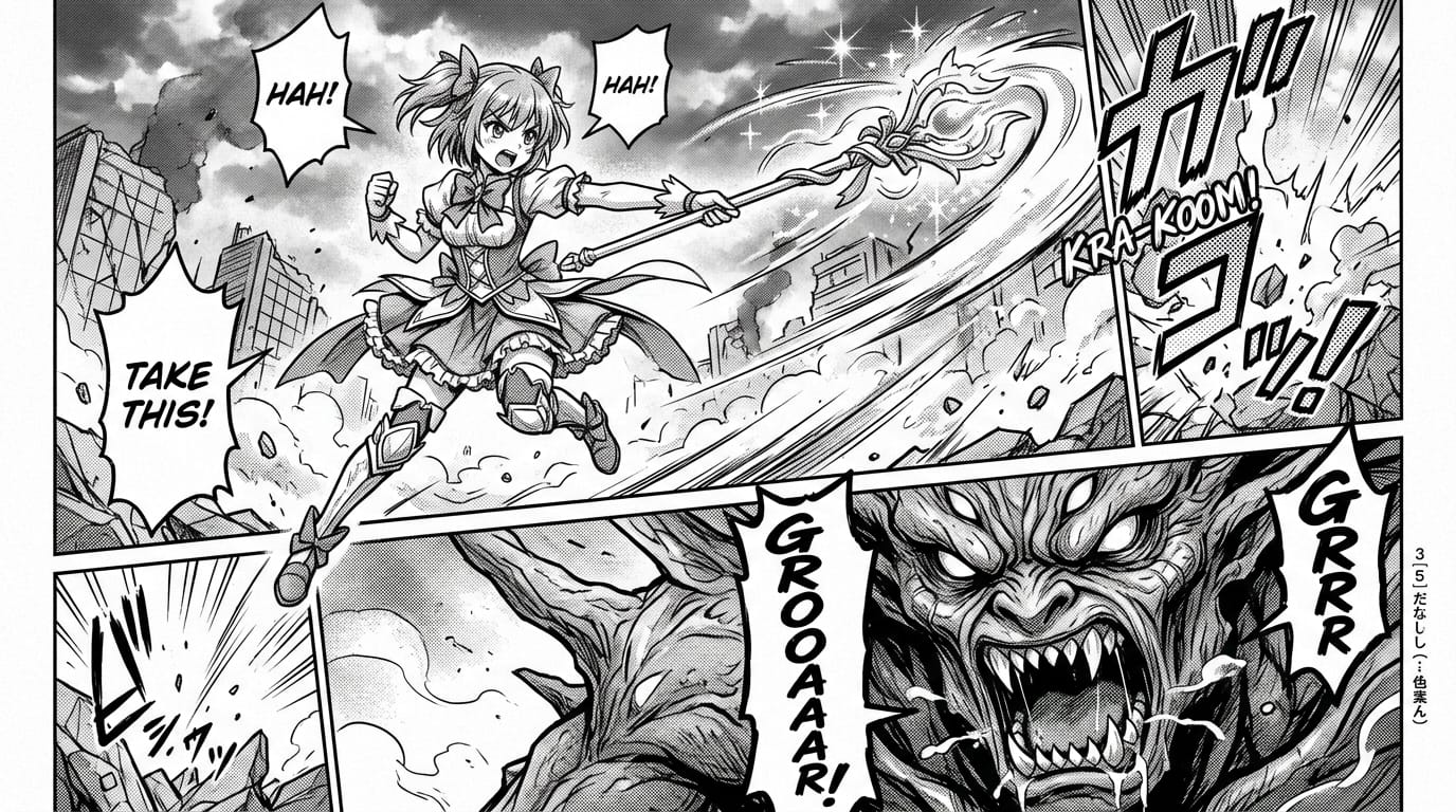 A monochrome Japanese manga page, multiple manga panels, top panel shows a magical girl in a dynamic battle pose holding a staff, bottom panel shows a close-up of an enemy giant monster, speech bubbles, screentones, highly detailed anime style, action scene.