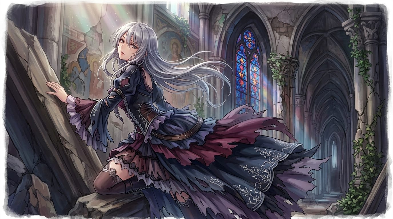 Highly detailed anime color illustration, beautiful female character, flowing long silver hair, multi-layered gothic dress partially torn, sexy pose, ruined church background, light shining through stained glass, deep depth of field, rich painting style.
