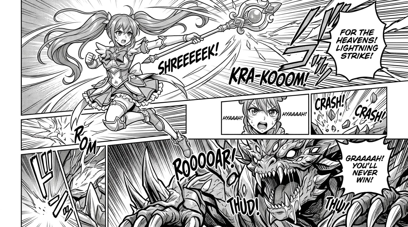 A monochrome Japanese manga page, multiple manga panels, top panel shows a magical girl in a dynamic battle pose holding a staff, bottom panel shows a close-up of an enemy giant monster, speech bubbles, screentones, highly detailed anime style, action scene.