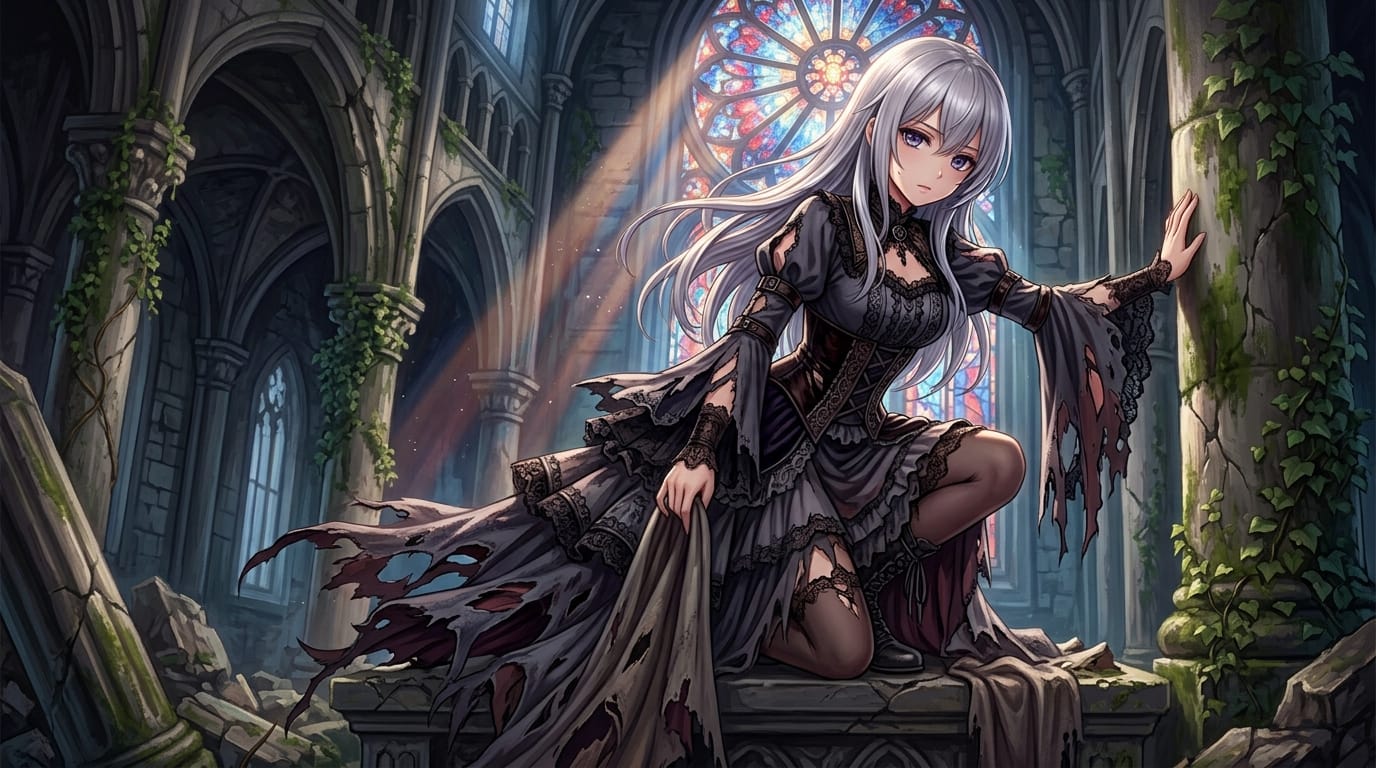Highly detailed anime color illustration, beautiful female character, flowing long silver hair, multi-layered gothic dress partially torn, sexy pose, ruined church background, light shining through stained glass, deep depth of field, rich painting style.