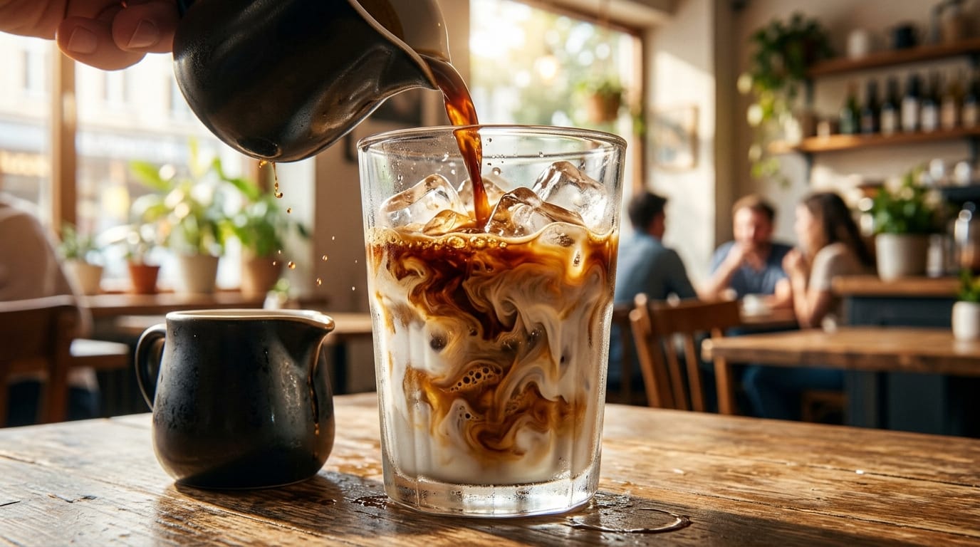 氷の入った透明なグラスに熱いエスプレッソが注がれるダイナミックなクローズアップショット。グラスの中で美しく渦巻くミルク、温かい朝の太陽光、少し焦点がぼけた居心地の良いカフェの背景、リアルな流体シミュレーション、氷が鳴る音と液体が注がれる鮮明な音