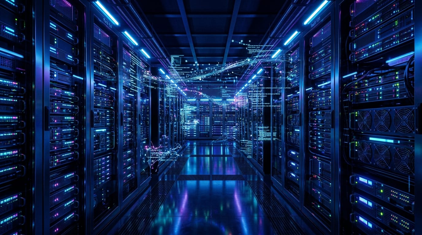 青と紫のLEDライトが光る近未来的なサーバールーム内をゆっくりと前進するカメラワーク。光を反射する滑らかな金属の表面、空中に浮かぶ抽象的なデータストリーム、ハイテクな雰囲気、シャープなディテール、深いシネマティックな影、機械の低い駆動音
