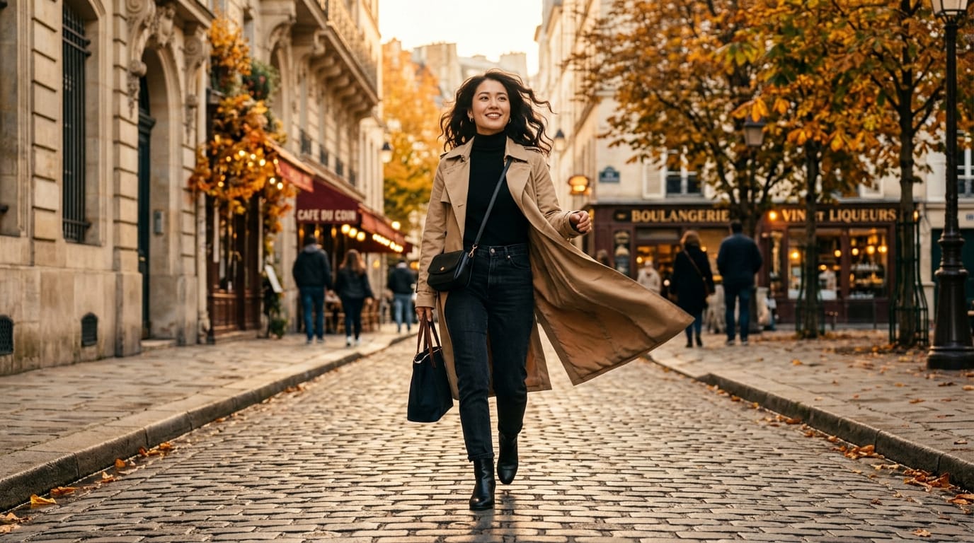 秋のヨーロッパの街の石畳を自信に満ちて歩くファッショナブルな若い女性のシネマティックなトラッキングショット。風になびくスタイリッシュなベージュのトレンチコートを着用、ゴールデンアワーのライティング、シネマティックなフィルムグレイン、自然な歩行モーション、鮮明な都市の環境音