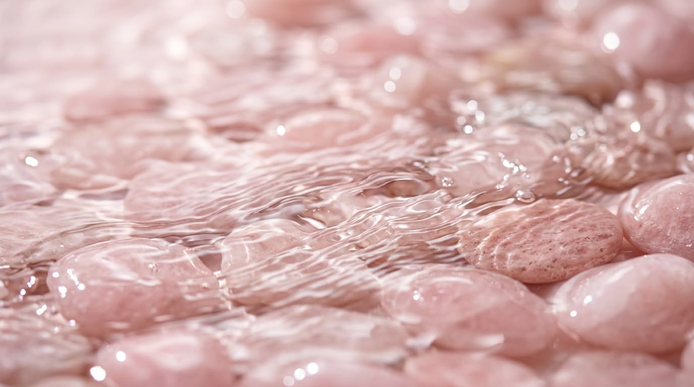 滑らかなパステルピンクの石の上を波打つ澄んだ水のクローズアップのエレガントなショット。柔らかなスタジオライティング、きらめく反射、スローモーション、浅い被写界深度、繊細で高級感のある雰囲気、化粧品の背景に最適、穏やかな水の環境音