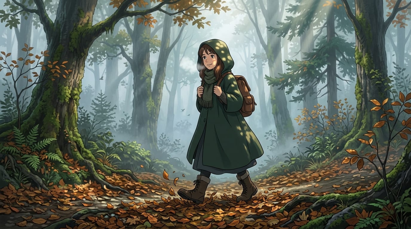 劇場版アニメのクオリティ、早朝の霧が立ち込める森の中を歩くキャラクター、足元の落ち葉を踏む滑らかなアニメーション、木漏れ日がキャラクターの顔に落ちる、冷たく静謐な空気感、落ち葉を踏むカサカサという音と鳥のさえずりの完全な同期