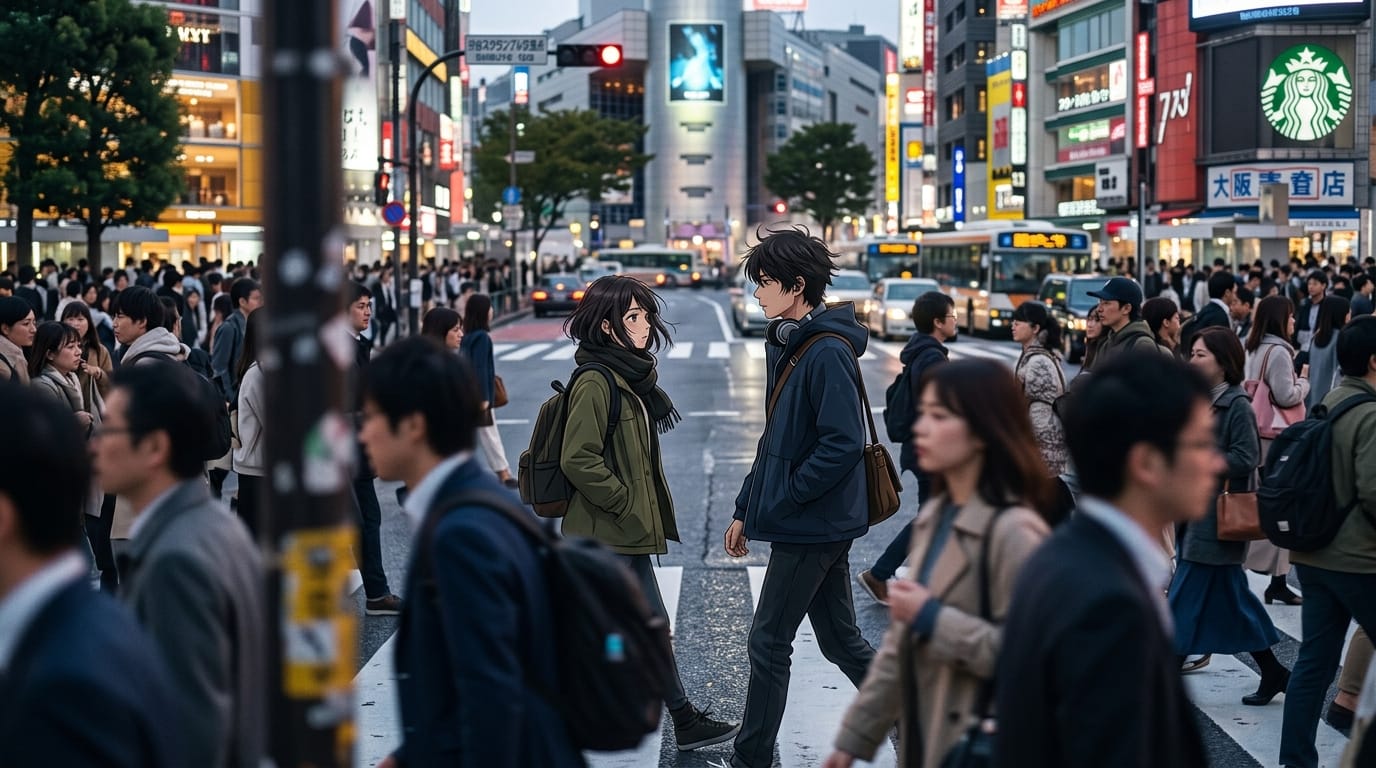 実写的なリアルさを持つアニメスタイル、混雑した交差点ですれ違う二人のキャラクター、一瞬だけ視線が交差しすぐに逸らす微細な表情の変化、周囲の群衆は自然に流れるように動く、被写界深度を用いた手前のオブジェクトを使った前ボケ、人々の足音と街の喧騒