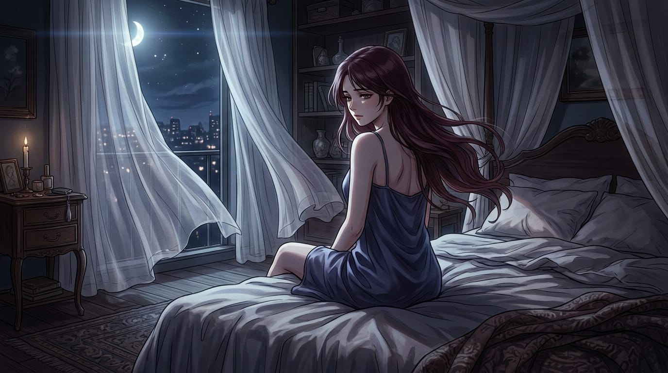 繊細で緻密なアニメ調表現、シルクのカーテンが風に揺れる寝室、月明かりがベッドに座るキャラクターの背中を柔らかく照らす、振り返る際の滑らかで優雅な髪の動き、メランコリックで官能的な雰囲気、映画的なカラーグレーディング、夜風の音と遠くの街の環境音
