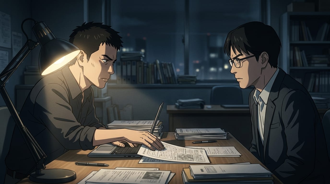 高品質なセルルックアニメスタイル、薄暗いオフィスで向かい合う二人のキャラクター、デスクランプの鋭い光が顔の半分を照らす、一人が静かに書類をテーブルに置く滑らかな動作、張り詰めた空気感、緊張を伴う視線の動き、紙が擦れる音と低い空調の環境音