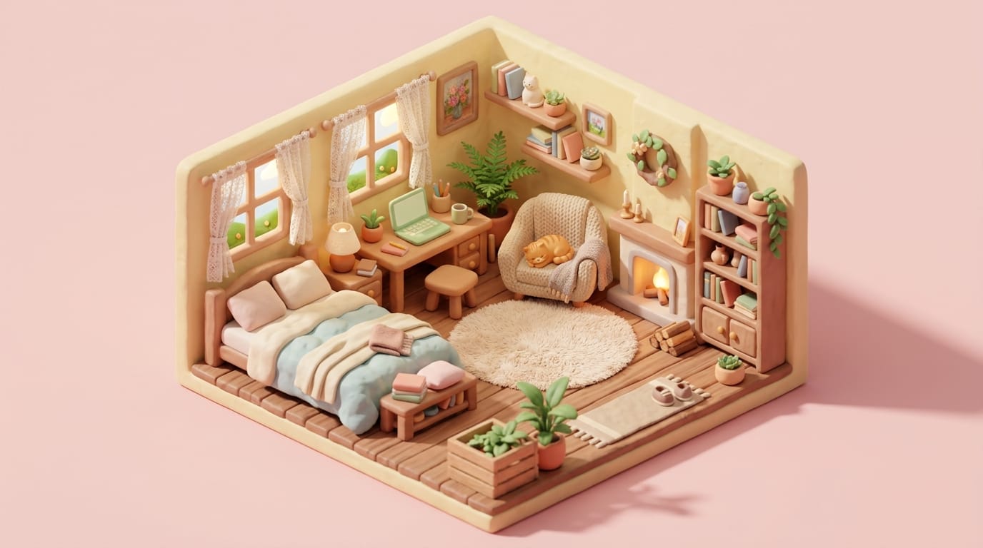 3D render in Blender style, an isometric cute cozy room, clay material, soft pastel colors, global illumination, studio lighting, clean background, 4k resolution