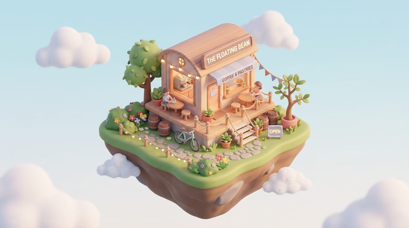 3D render in Blender style, a cute floating island with a small coffee shop, isometric view, soft plastic material, global illumination, clean pastel background, highly detailed