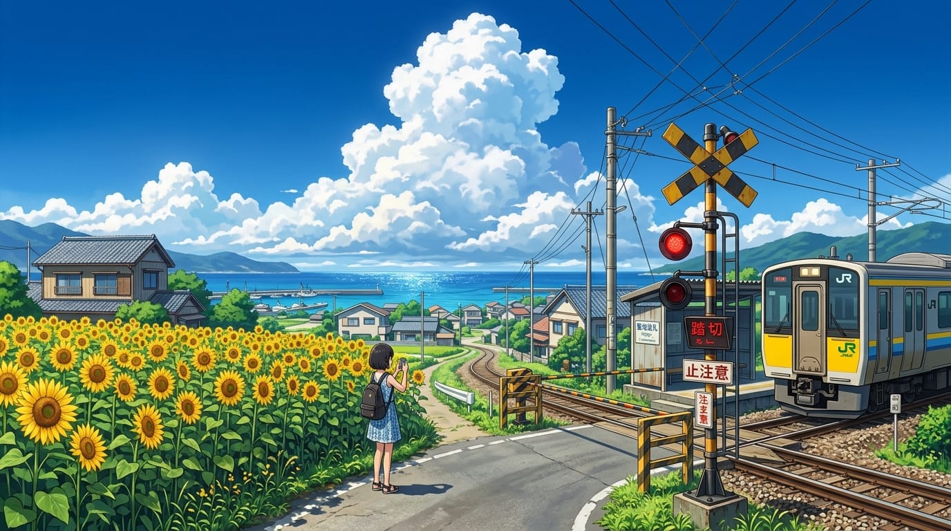 海辺の田舎町、夏の入道雲、踏切の信号機、風に揺れる向日葵、実際にロケ地で撮影したかのようなリアルさ、聖地巡礼しているような演出、鮮やかな色彩、繊細で緻密なアニメ調表現