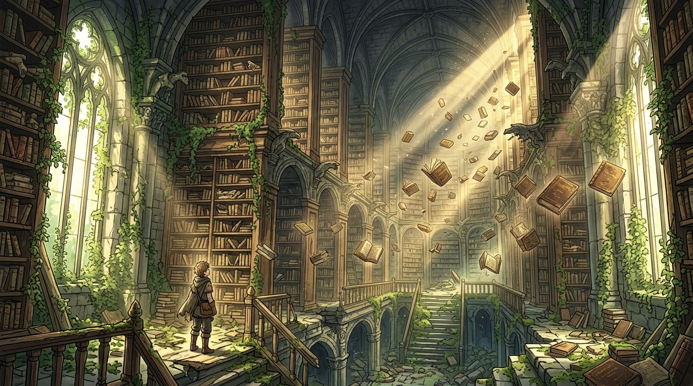 廃墟となった巨大な図書館、天井まで届く本棚、ツタが絡まる窓から差し込む神々しい光、空中に浮かぶ古い書物、ファンタジー世界の世界観を見せるための背景重視のカット、繊細なアニメ調表現