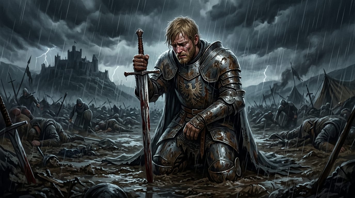激しい雨の中、剣を地面に突き立てて膝をつく若き騎士、泥にまみれた鎧、悲壮感のある表情、暗く重たい雲、ドラマチックな陰影、感情表現の深みと表情のダイナミズム、手描き感のあるリッチな画風