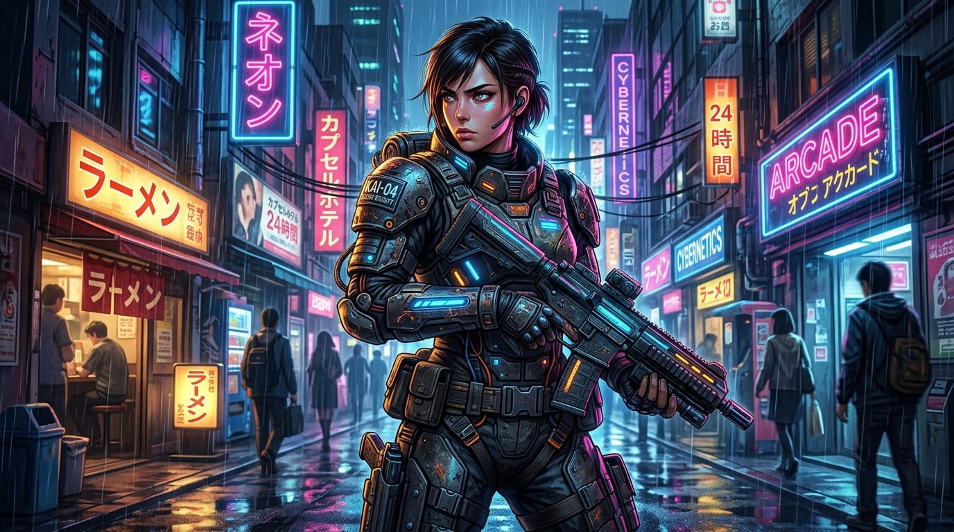 近未来の装甲服を着た女性兵士、シャープな目つき、ネオンライトの反射、市街地の背景、実写的なリアルさとアニメ調の融合、光の反射などのエッジがクリアになる描写、重厚な塗り