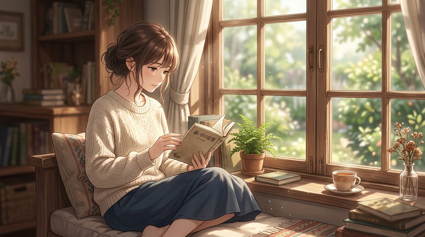 窓際で読書をする美しい女性、柔らかな自然光、サイドライト、被写界深度による背景のボケ、埃が光に反射している、シネマティックな構図、繊細なアニメ調表現、高解像度