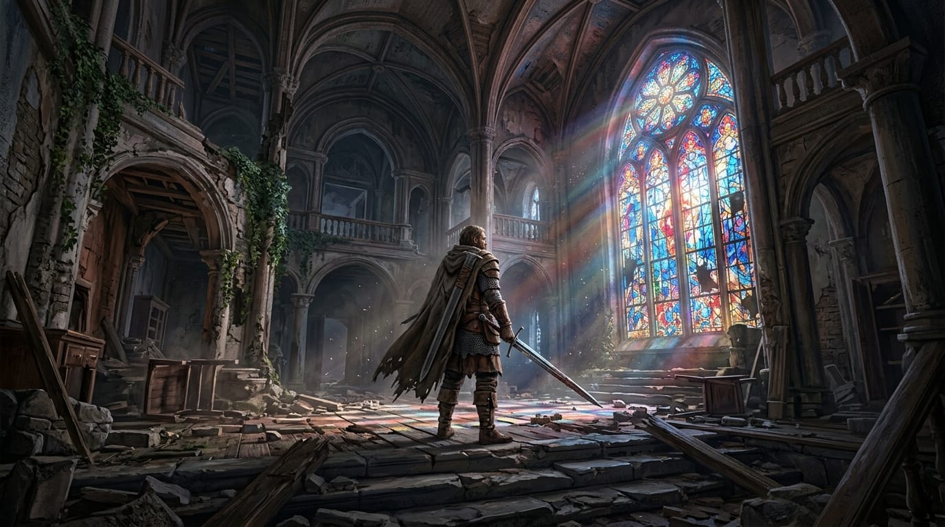 廃墟となった洋館に立つファンタジー風の剣士、ステンドグラスから差し込むドラマチックな光、空気中のチリ、広角レンズ風の構図、重厚な塗り、高品質なコンセプトアート