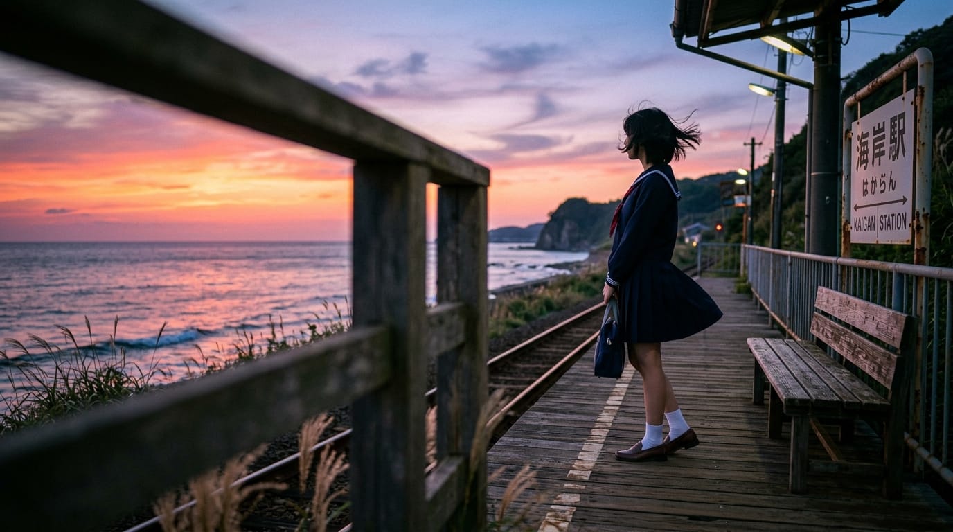 夕暮れの海辺の駅、風に揺れるセーラー服の少女、ノスタルジックな雰囲気、マジックアワーの美しいグラデーションの空、手前のオブジェクトを使った前ボケ、スナップショットであること