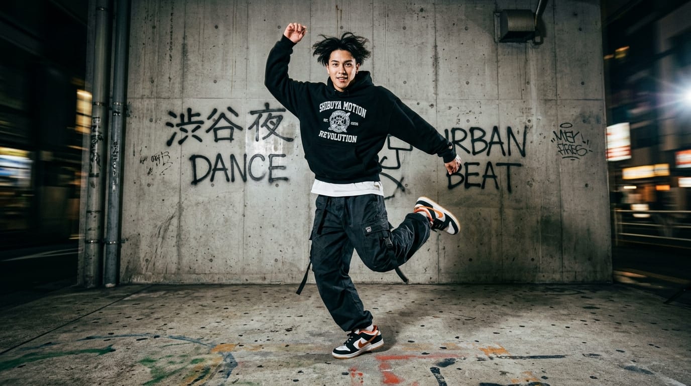 ストリートファッションを着こなす若い男性モデルが、コンクリートの壁の前で軽快なダンスステップを踏む、ストロボの光がリズミカルに点滅する、服の生地の自然な揺れ、ダイナミックなカメラのパンニング、高解像度でシャープな映像