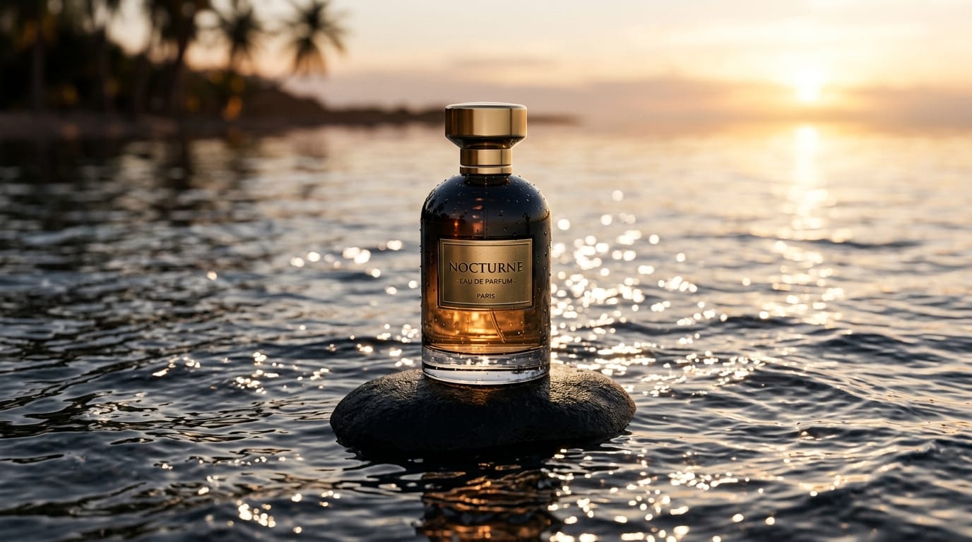 商品の背景にある水面が静かに波打ち、光の反射がキラキラと輝く、カメラが商品の周囲を滑らかに回り込むように軌道を描く、高級感のあるシネマティックなライティング、被写体のエッジがクリアになる