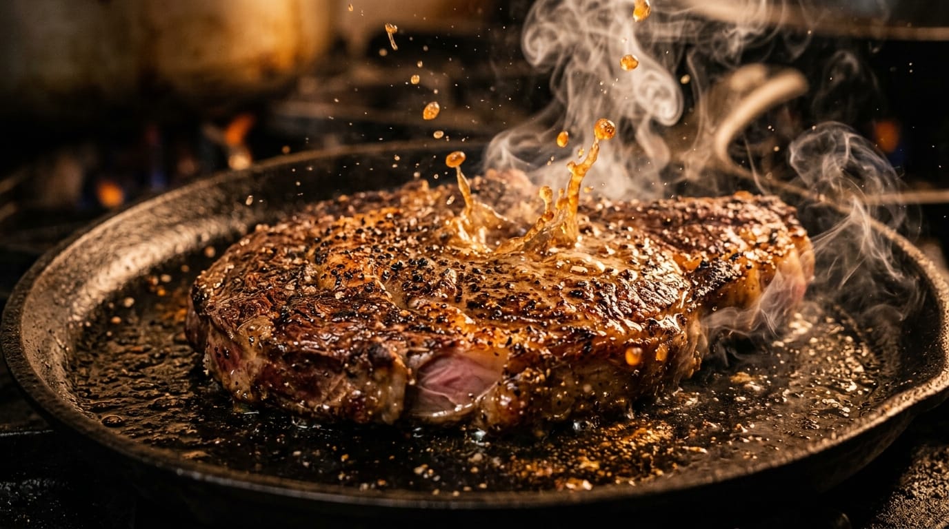 熱々の鉄板の上で焼かれる厚切りのステーキ、肉汁が弾け飛び煙が立ち上がる、暖色系のスポットライトが肉の表面を照らす、マクロ撮影による極端なクローズアップ、シネマティックで食欲をそそるライティング