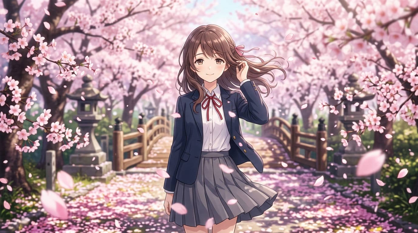 キャラクターの髪と衣服が風で優しく揺れる、背景の桜の花びらが画面の手前に向かってゆっくりと舞い散る、カメラがキャラクターの顔に向かって静かにズームインする、繊細で緻密なアニメ調表現、柔らかな自然光