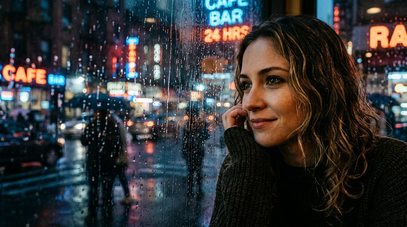 Close-up cinematic portrait of a young woman looking through a rain-streaked cafe window, neon lights reflecting in her eyes, subtle melancholic smile, shallow depth of field, photorealistic, highly detailed