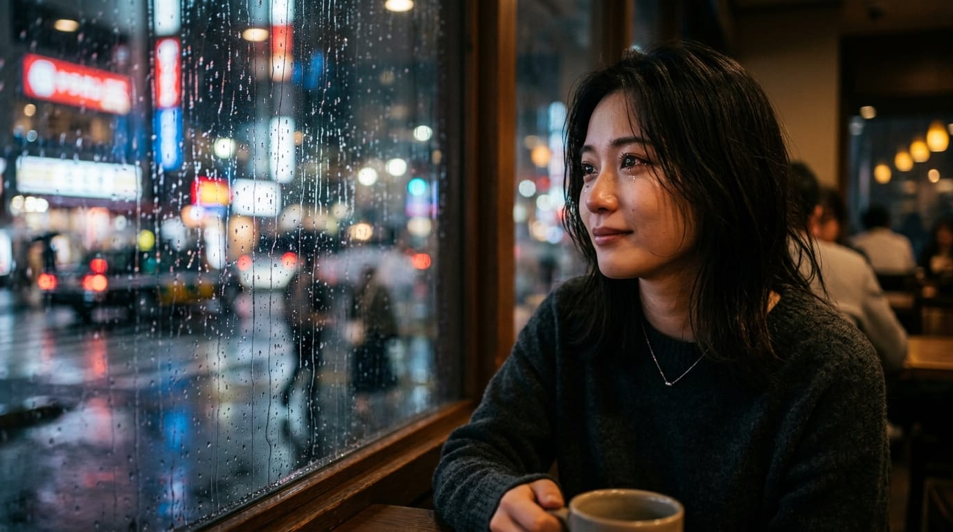 カフェの窓際に座る若い女性の顔のクローズアップ。窓の外の雨を見つめながら、微かに悲しそうな微笑みを浮かべる。瞳にネオンの光が反射している。雨音がガラスを叩く音と、店内の静かなジャズBGM。被写界深度を浅くし、背景の小道具をぼかす。