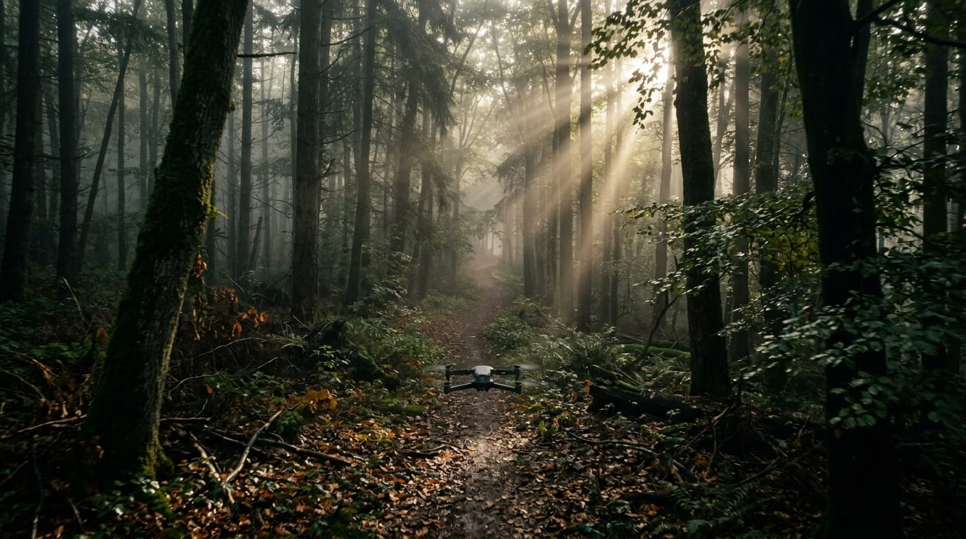 薄暗い森の中をゆっくりと前進するドローンショット。朝霧が立ち込め、木漏れ日が差し込んでいる。落ち葉を踏む微かな足音と、遠くで鳴く鳥の声が聞こえる。シネマティックなライティング、8K解像度、実写映画のような質感。