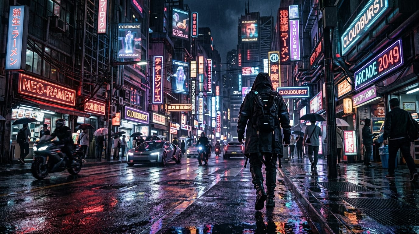 Cinematic shot of a futuristic cyberpunk city street at night, neon lights reflecting on wet pavement, a mysterious figure walking away, highly detailed, photorealistic, 8k resolution, cinematic lighting